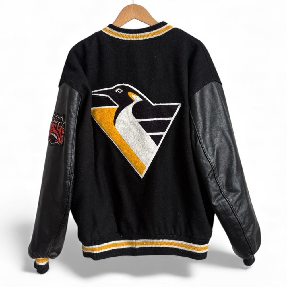 Vintage 1992 DeLONG Pittsburgh Penguins NHL Varsity Jacket Wool Leather USA 2X